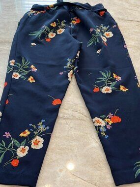 Jules & Leopold Retro Paper-Bag Waist Tie Belt Cigarette Pants Navy Floral SMALL